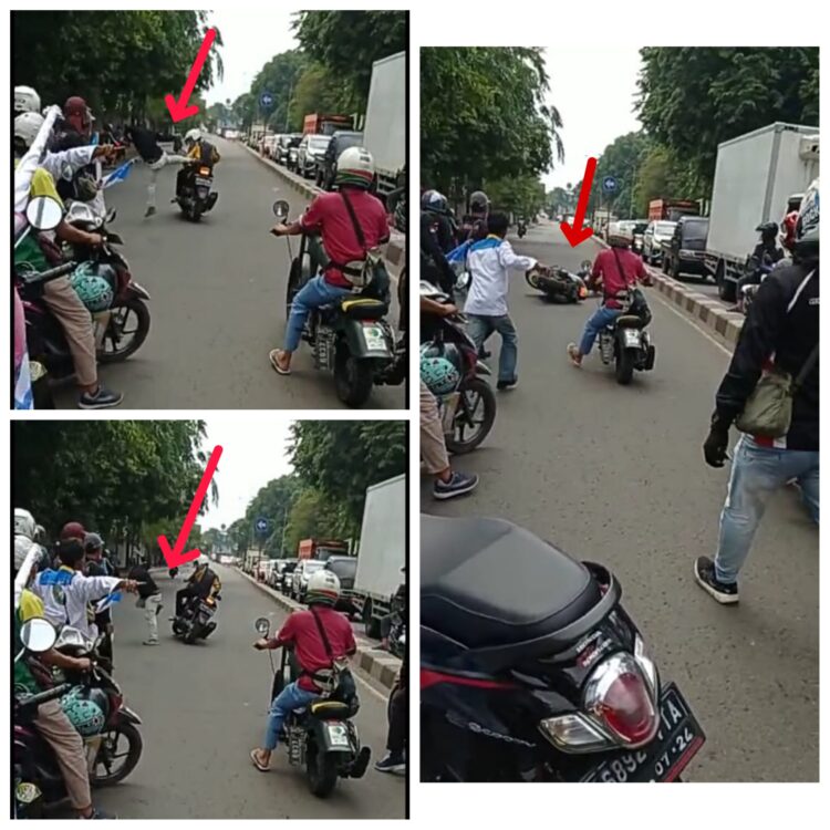 Tak Terima Disalip Pendemo Pukul Dan Tendang Pemotor Hingga Terjatuh