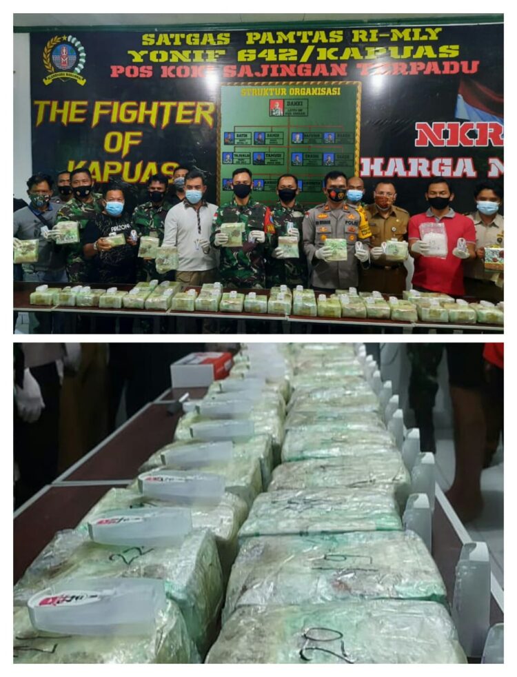 Polda Kalbar Terima Hasil Temuan Sabu 42,98 Kilogram Oleh Pamtas TNI Posko Sajingan