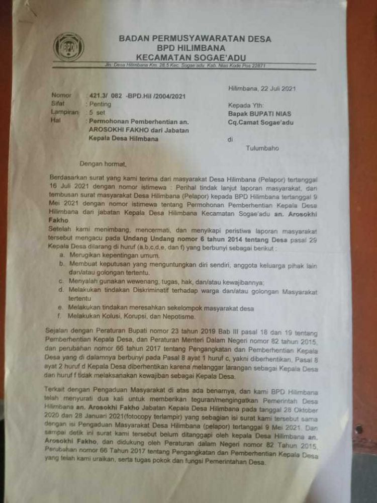 BPD Hilimbana Minta Kades Di Berhentikan