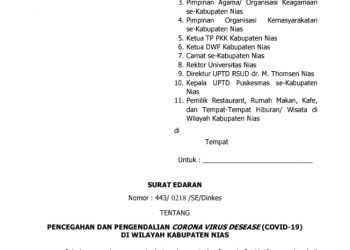 Bupati Nias Terbitkan Surat Edaran Untuk Pencegahan dan Pengendalian Covid-19