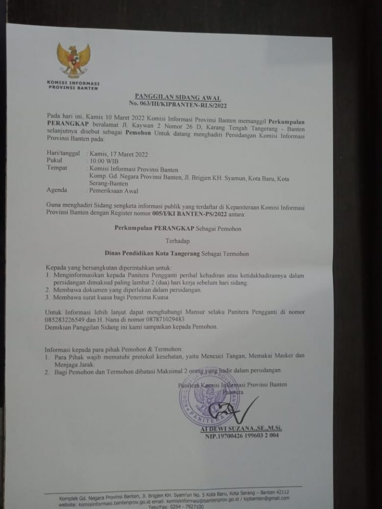 LSM PERANGKAP Gugat Dinas Pendidikan Kota Tangerang