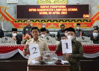 Bupati Lampura Serta Unsur Forkopimda, Hadiri Sidang Paripurna DPRD Dalam Penyampaian Visi Misi dan Pengambabilan No urut Cawabup