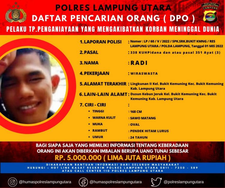 Polres Lampung Utara Terbitkan DPO Hingga Lakukan Pengejaran Terhadap Tersangka Pembunuhan Geregi Saat Malam Takbiran