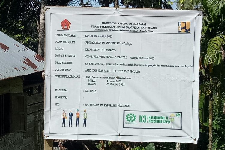 Pembangunan Jalan Sisingamangaraja di Kecamatan Ulu Moro’o TA. 2022 telah di Mulai