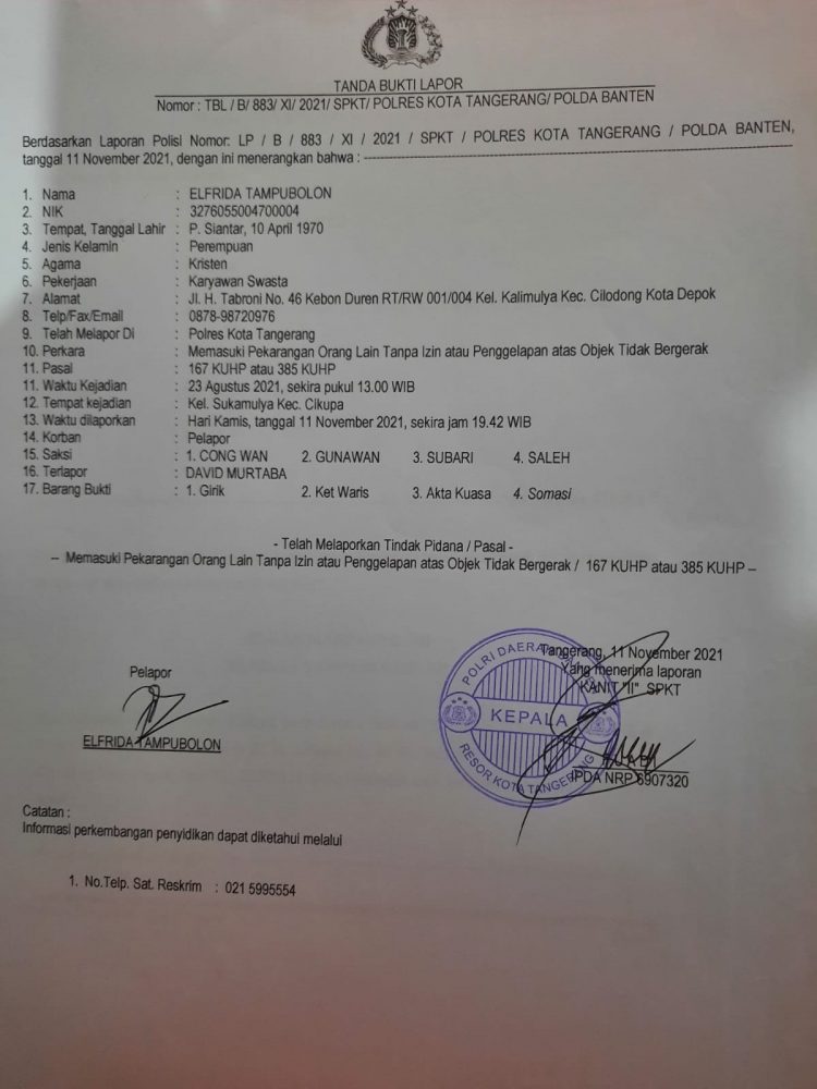 Mafia Tanah Diduga Dilindungi APH dan BPN Tangerang, Ahli Waris Liauw Man Long Surati Kemen ATR BPN RI