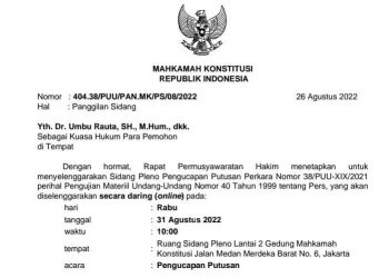 Menanti Dan Menunggu Putusan MK Kembalikan Hak Regulator Kepada Organisasi Pers