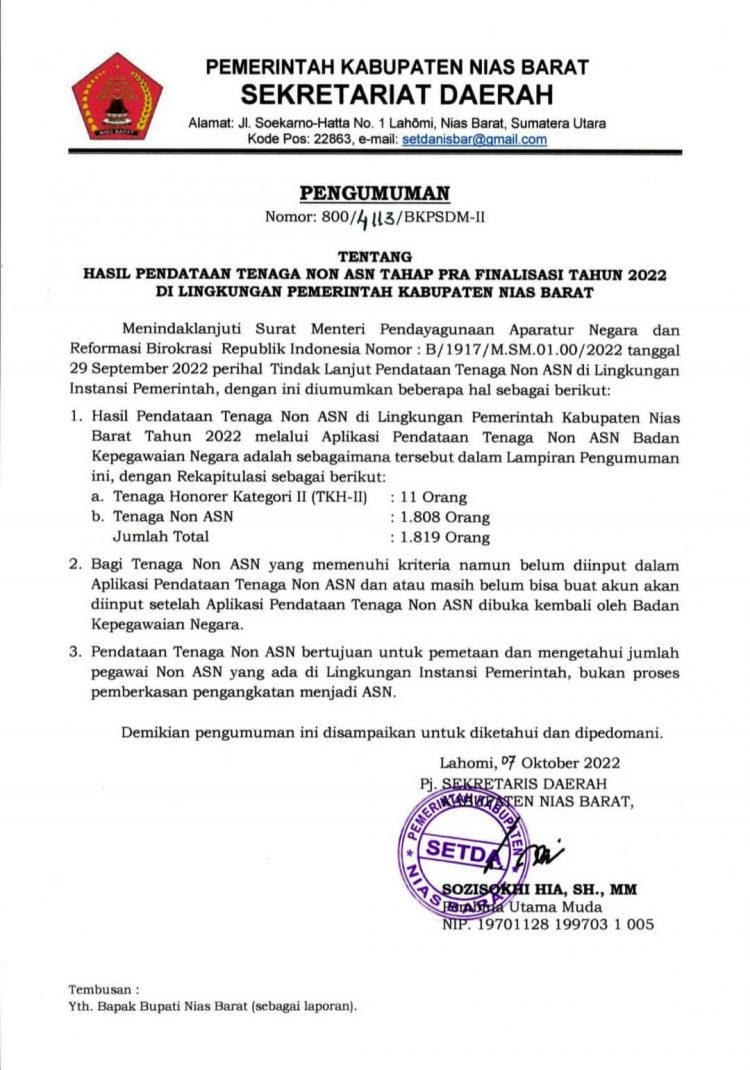 Hasil Pendataan Tenaga Non ASN Tahap Pra Finalisasi Di Lingkungan Pemkab Nias Barat