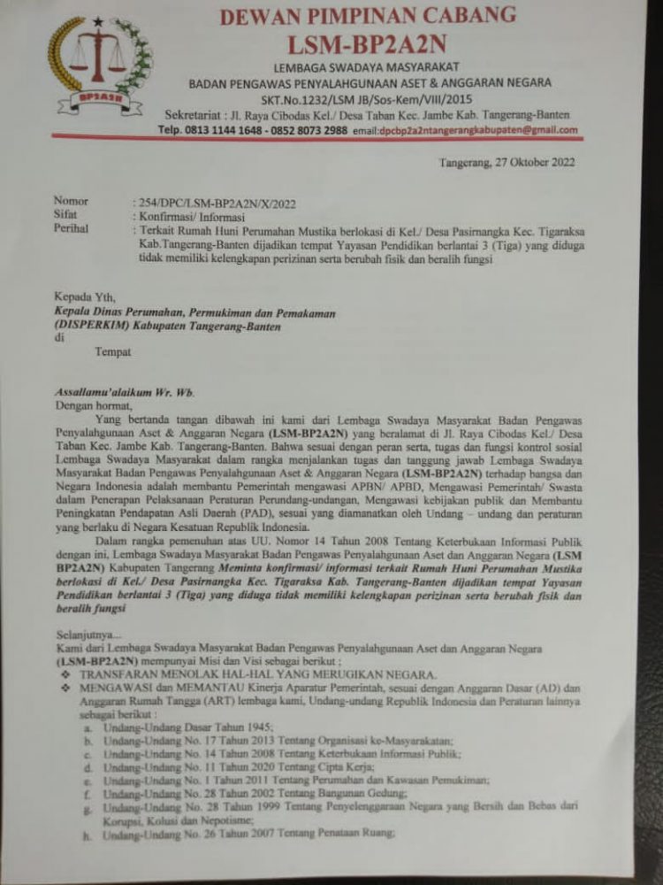 Soal bangunan di Mustika Langgar Perda LSM BP2A2N: kami Surati Dinas DTRB dan Perkim