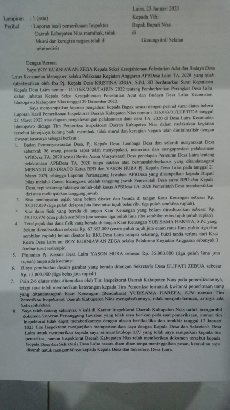 Kinerja Tim Pemeriksa Inspektorat Kurang Baik, Boy Kurniawan Zega Surati Bupati Nias