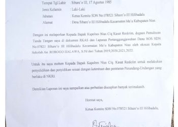 Palsukan Tanda Tangan Ketua Komite, Kepala SDN 078521 Sihareō III Hilibadalu di Polisikan