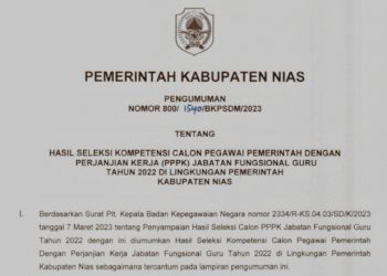 Pemkab Nias Umumkan Hasil Seleksi Kompetensi PPPK Guru Formasi Tahun 2022