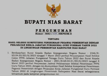Bupati Nias Barat Umumkan Hasil Seleksi Kompetensi PPPK Jabatan Fungsional Guru Formasi Tahun 2022