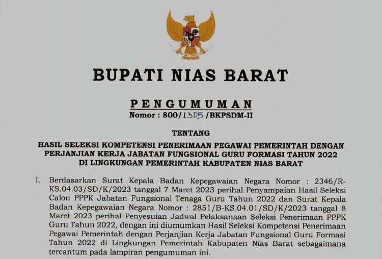 Bupati Nias Barat Umumkan Hasil Seleksi Kompetensi PPPK Jabatan Fungsional Guru Formasi Tahun 2022