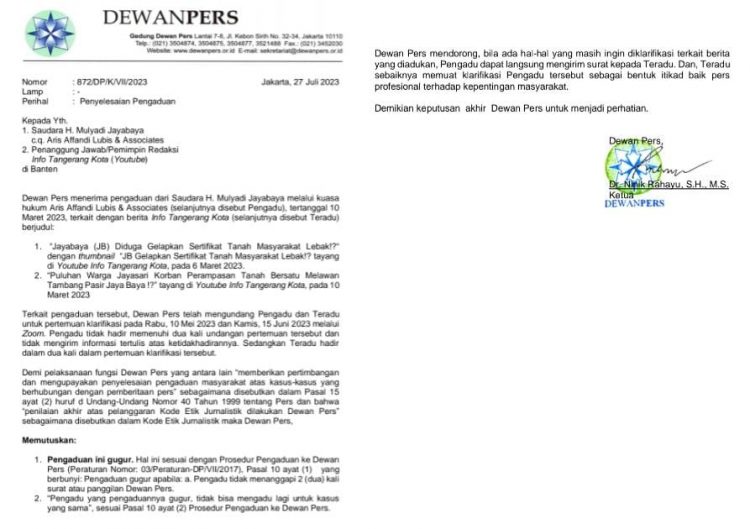 Pengaduan Mulyadi Jayabaya Gugur di Dewan Pers, Info Tangerang Kota Berjaya