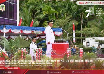 UPACARA PENURUNAN BENDERA MERAH PUTIH BERLANGSUNG KHIDMAT, WAKIL BUPATI NIAS BERTINDAK SEBAGAI INSPEKTUR UPACARA