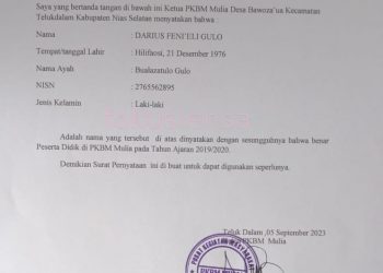 Ketua PKBM Mulia: Darius Feni’eli Gulō Benar Peserta Didik PKBM Mulia