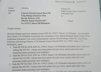Gelapkan Dana PIP Selama 5 Tahun, Mantan Ka. SDN No.078521 Sihare’o III Hilibadalu Dilaporkan