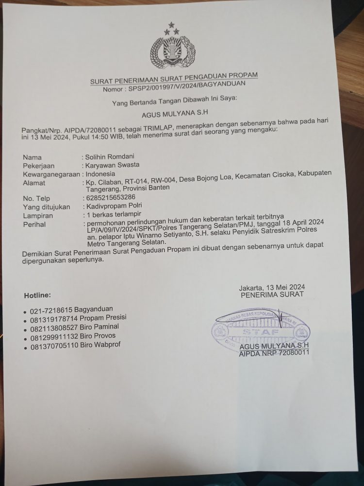 Diduga Oknum Polres Tangerang Selatan Coba Main Mata dilaporkan pemilik Sworom dari Cisoka Ke Mabes Polri