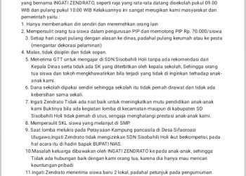 Orang Tua Siswa : Lapor Pak Bupati, Ka SD Sisobahili Holi Raja Guru dan Tilap Dana PIP