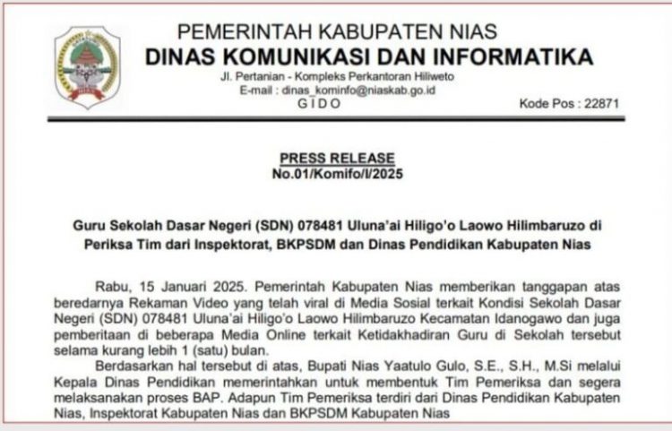 Diduga Tidak Hadir di Sekolah Selama 1 Bulan, Oknum Guru SDN Kabupaten Nias di Periksa