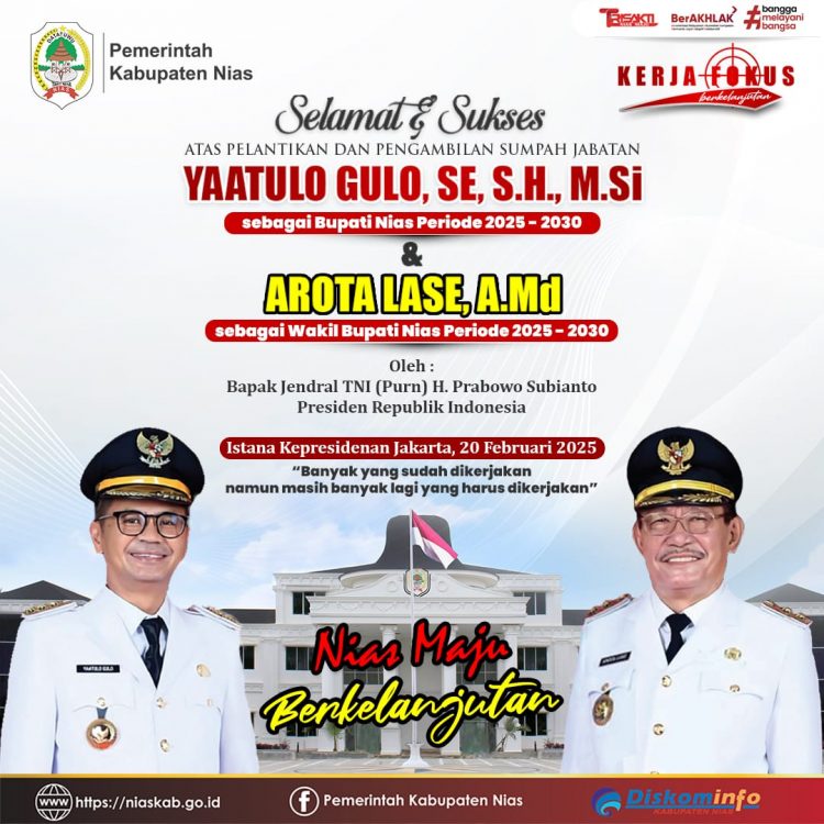 Pemerintah Kabupaten Nias Mengucapkan Selamat Atas Pelantikan Bapak Yaatulo Gulo, S.E., S.H., M.Si dan Bapak Arota Lase, A.Md Menjadi Bupati dan Wakil Bupati Nias