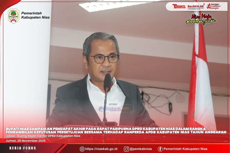 BUPATI NIAS SAMPAIKAN PENDAPAT AKHIR PADA RAPAT PARIPURNA DPRD DALAM RANGKA PENGAMBILAN KEPUTUSAN PERSETUJUAN BERSAMA TERHADAP RANPERDA APBD KAB NIAS TA 2026