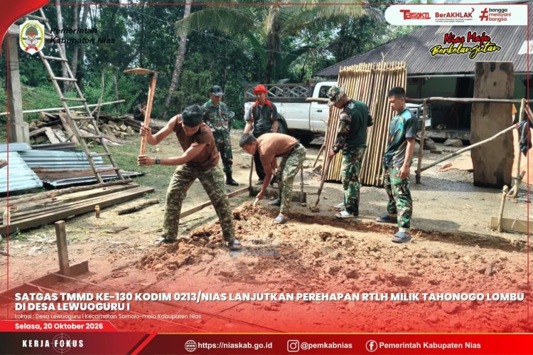 Satgas TMMD ke-130 Kodim 0213/Nias Lanjutkan Perehapan RTLH Milik Tahonogo Lombu di Desa Lewuoguru I